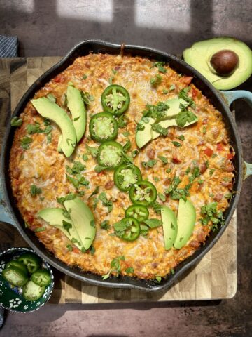 high protein enchilada skillet in cast iron pan