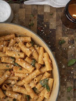 Creamy Marry Me pasta with sun-dried tomatoes, white beans, and spinach in a cashew cream sauce