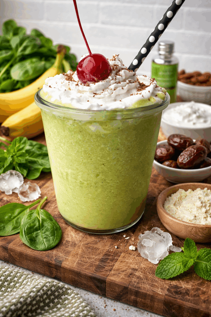 High-protein Shamrock shake in a clear glass jar topped with coconut whipped cream, chocolate shavings, and a maraschino cherry, surrounded by fresh spinach, banana, dates, vanilla protein powder, peppermint extract, and ice on a rustic wooden board against a light brick background.