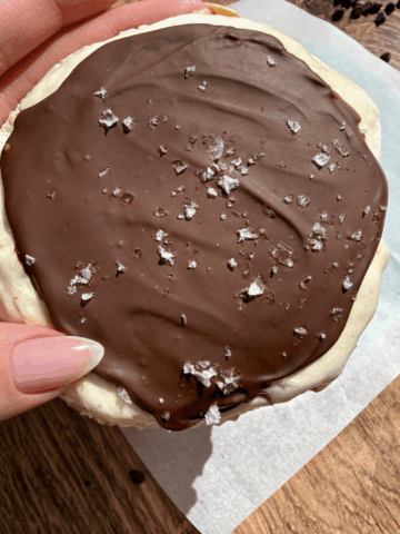 High-protein frozen rice cake s’mores topped with melted chocolate and flaky sea salt, made with coconut whipped topping and protein powder for a healthy dessert option.